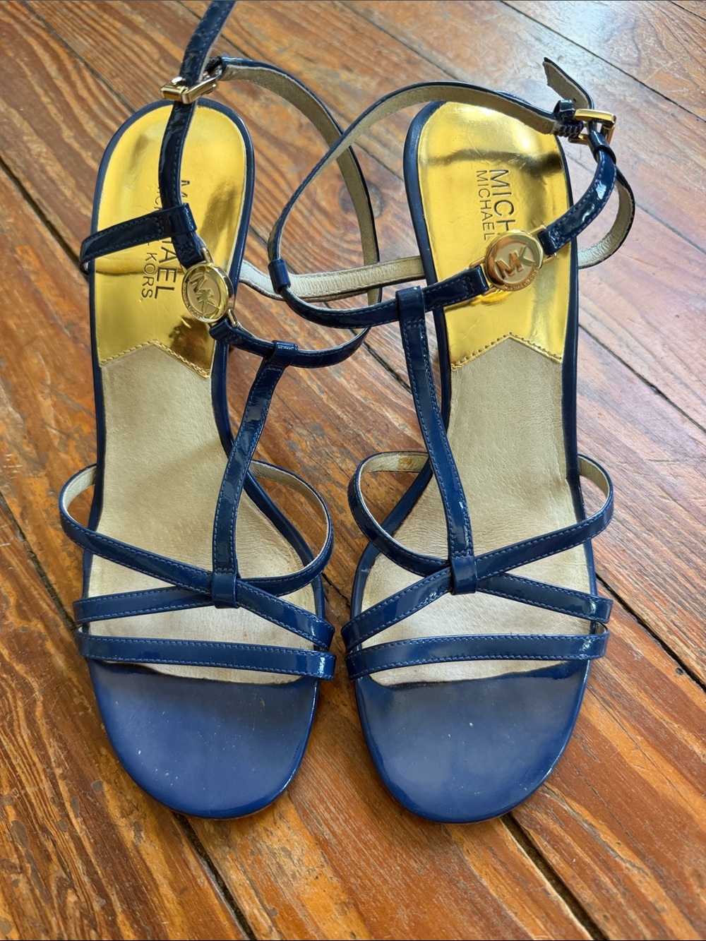 Michael Kors Navy Strappy Patent Leather Heels with Gold Accents
